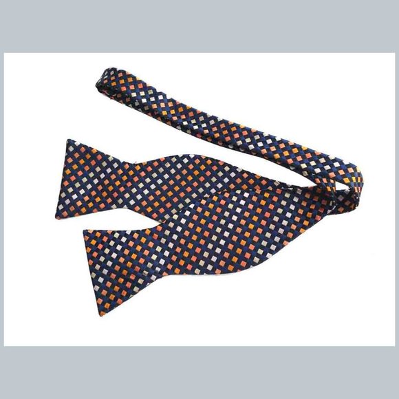 Checkered Bow Tie Navy Blue Orange Black White Men's OS Adjustable - Picture 1 of 1